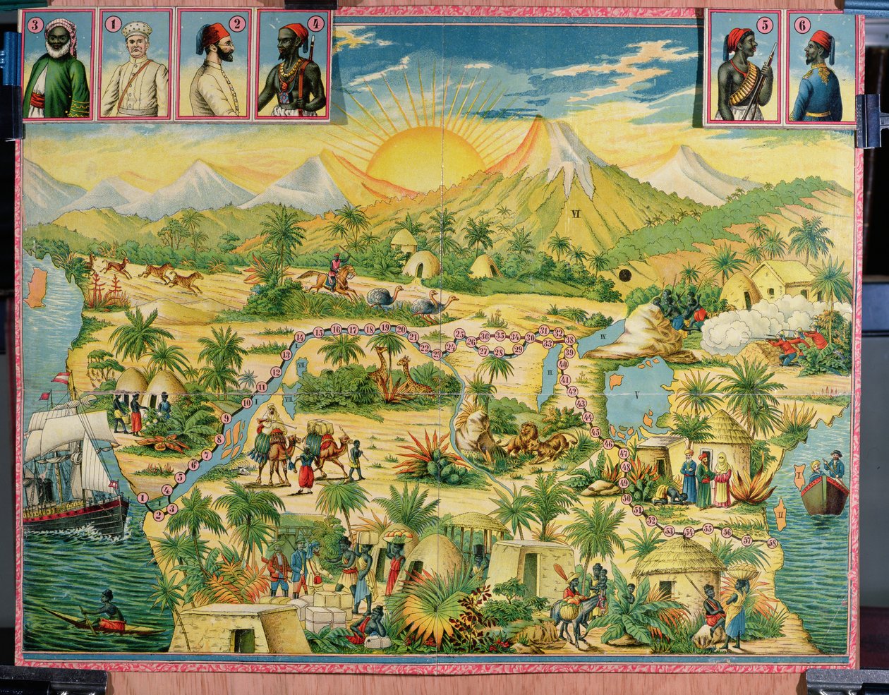The Conquest of Africa, brætspil baseret på rejserne af Sir Henry Morton Stanley (1841-1904) og David Livingstone (1813-73) (farvegravering) af French School