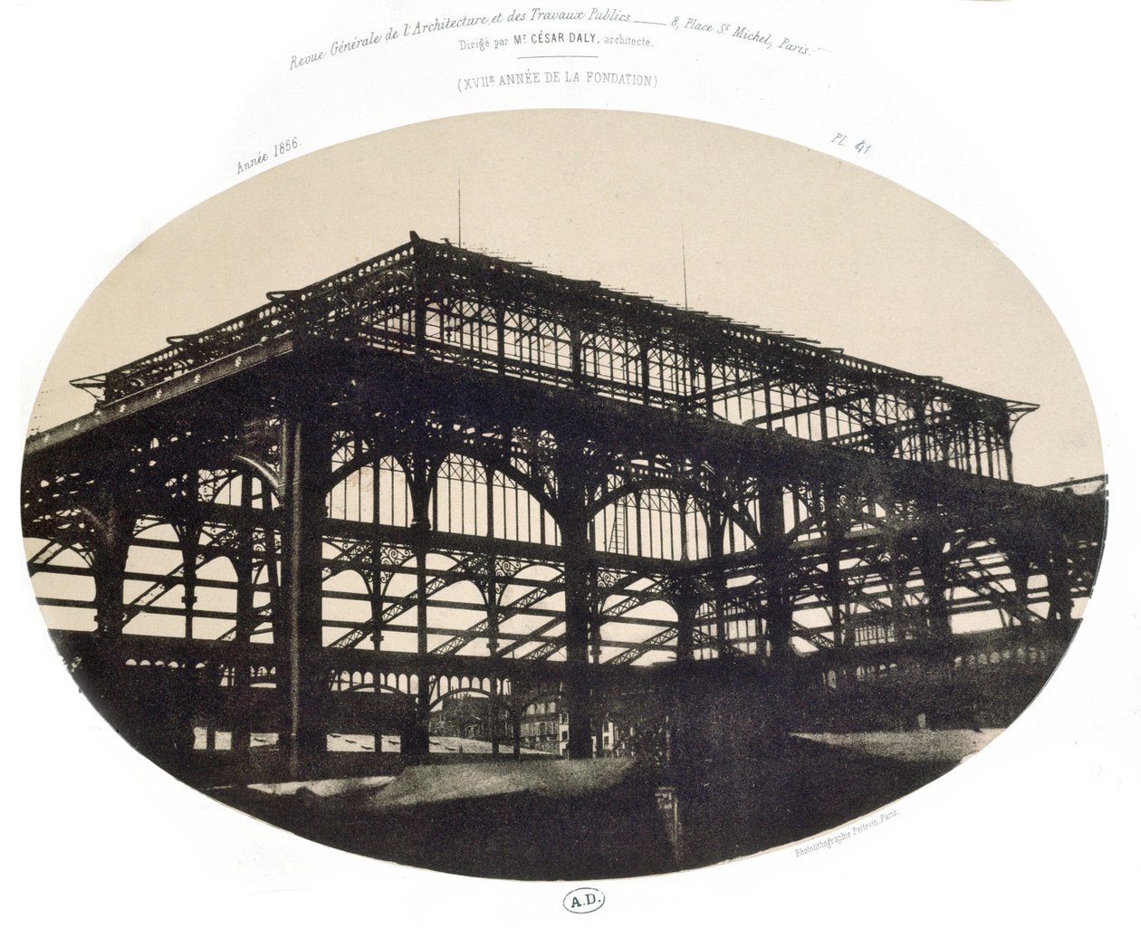 Opførelsen af ​​det centrale marked i Halles, fra Revue generale de larchitecture et des travaux publics, 1856 (foto litho) af French School