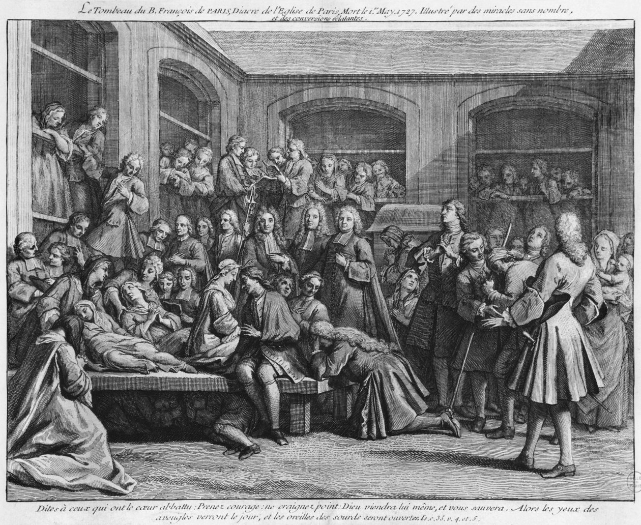 Convulsionaries på sognekirkegården Saint-Medard i Paris, illustration fra La verite des miracles de M. de Paris... af Louis Basile Carre de Montgeron (1686-1754) 1737 af French School