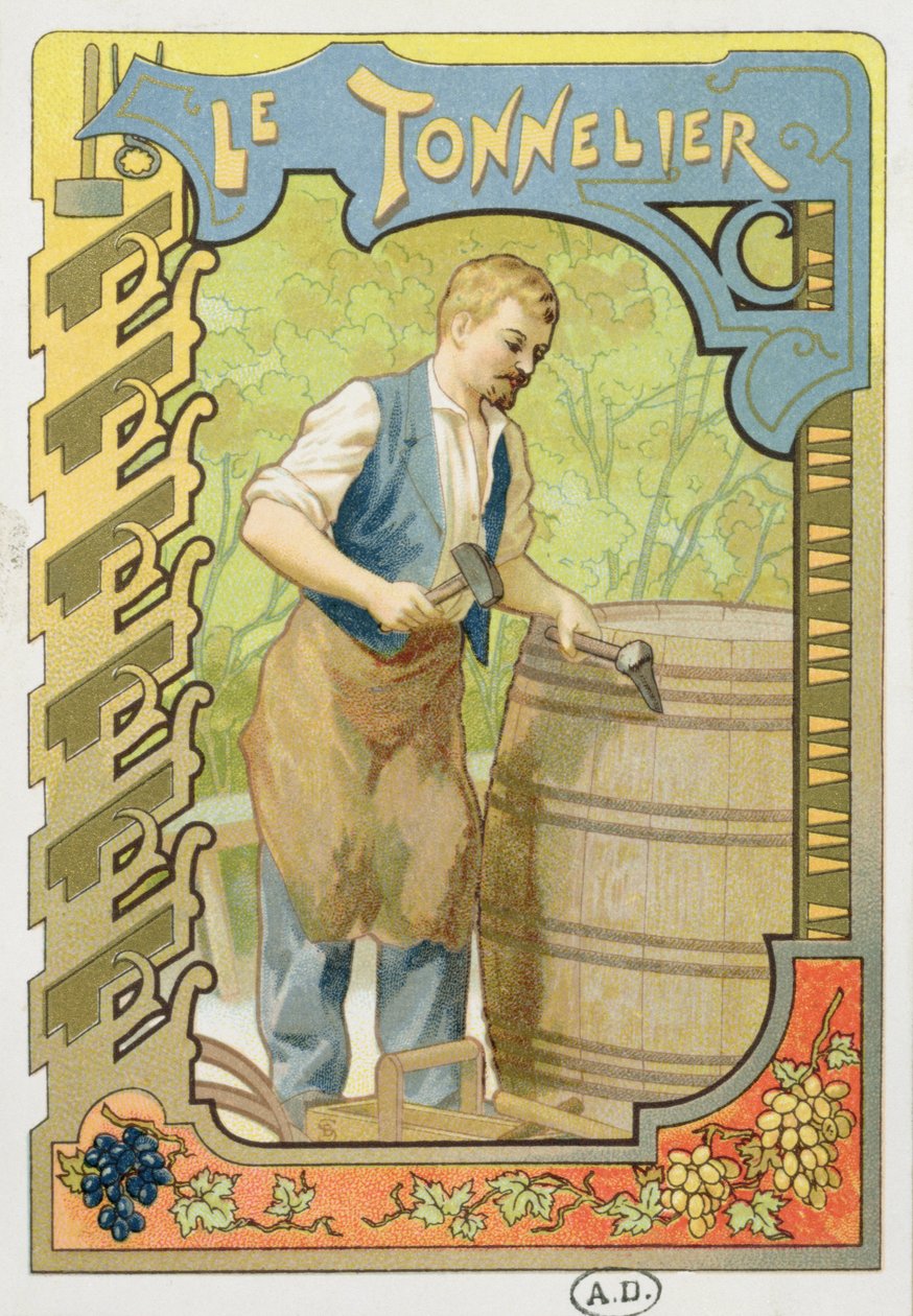 The Cooper, illustration fra en bog om håndværk, ca. 1899 af French School