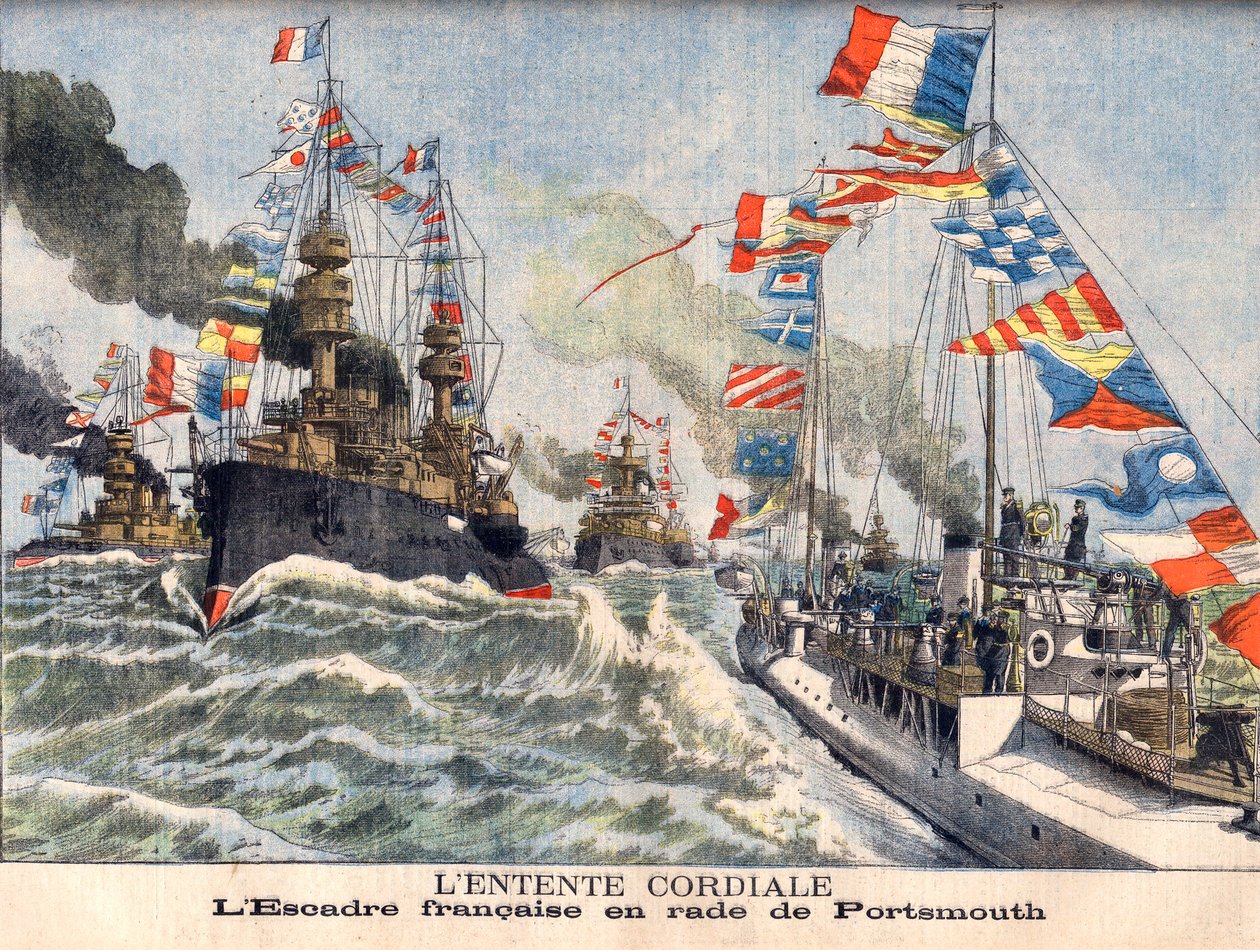 Den hjertelige Entente. Engelsk flådeeskadron i Portsmouth Havn. Den hjertelige Entente. French Wing i Portsmouth. Illustration til Le Petit Journal af French School