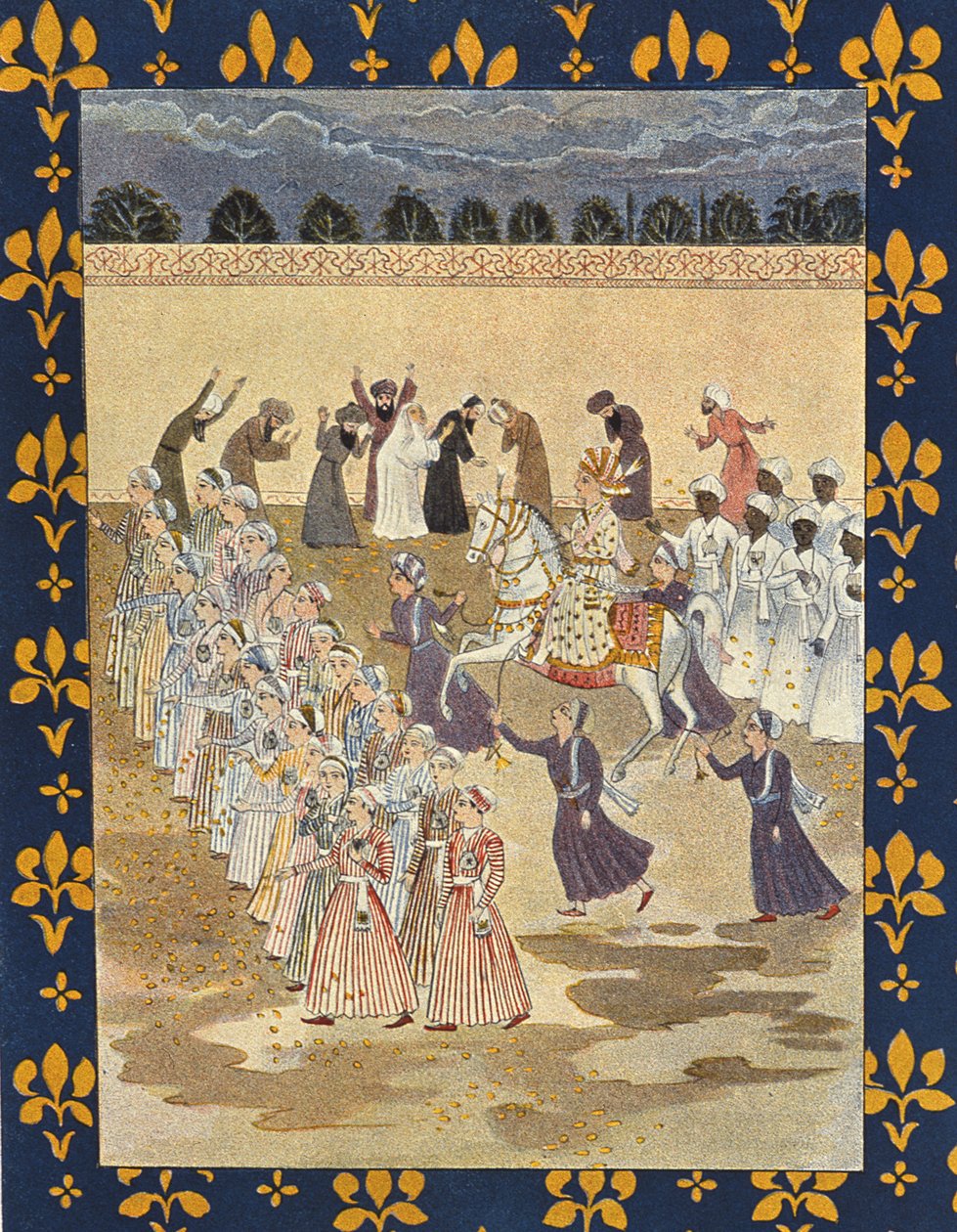 The Cortege of Aladdin, illustration til Aladdin, fra The Arabian Nights, 1895 (farvegravering) af French School