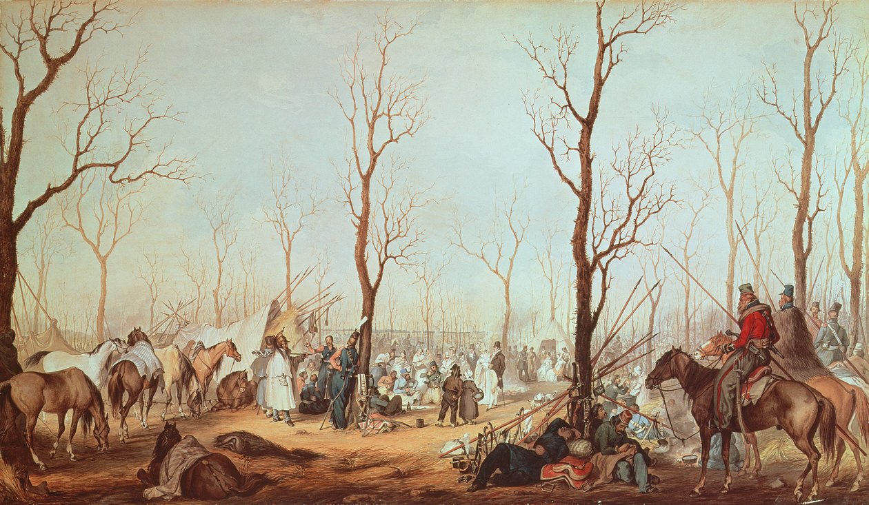 Kosakkerne på Champs Elysees, 1815 (wc på papir) af French School