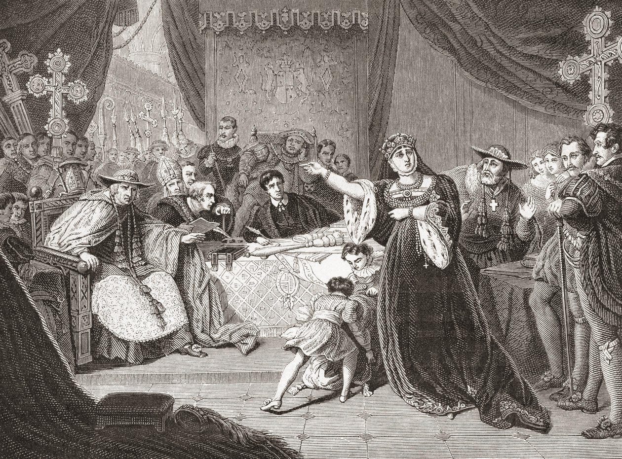 Court for the Trial of Queen Katharine af George Henry Harlow, der skildrer fru Siddons som dronning Katharine i Shakespeares Henry VIII. Fra Histoire des Peintres, École Anglaise, udgivet 1867 (litho) af French School