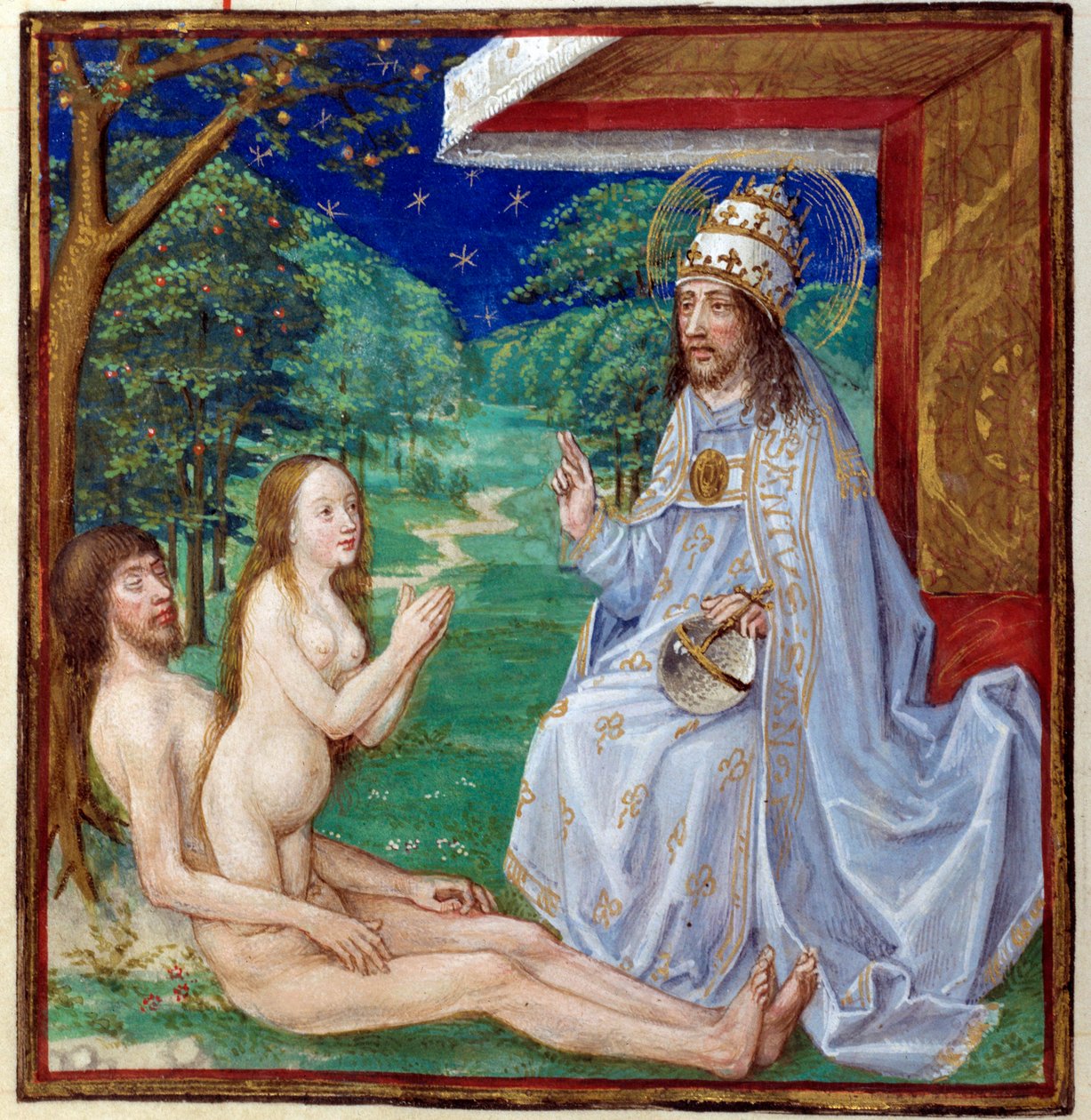 Skabelsen af Eva fra Adamkysten i Edens Have. Miniature taget fra "The mirror of the human Salvation"" oplyst af den franske skole i det 15. århundrede. Chantilly, Conde Museum af French School
