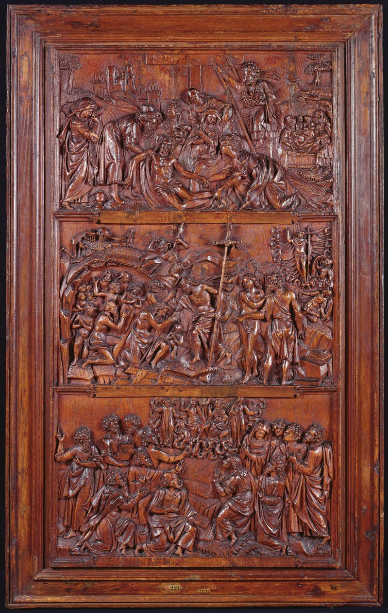 The Credo, Panel II: Descent from the Cross, Entombment, Resurrection and Descent into Limbo and Ascension, 1587 (træ) (se også 414036, 4140389) af French School