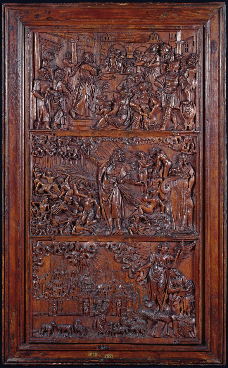 The Credo, Panel IV: The Remission of Sins, Ezekiels Vision of the Dry Bones og St. Johns Vision of Jerusalem, 1587 (træ) (se også 414036-8) af French School