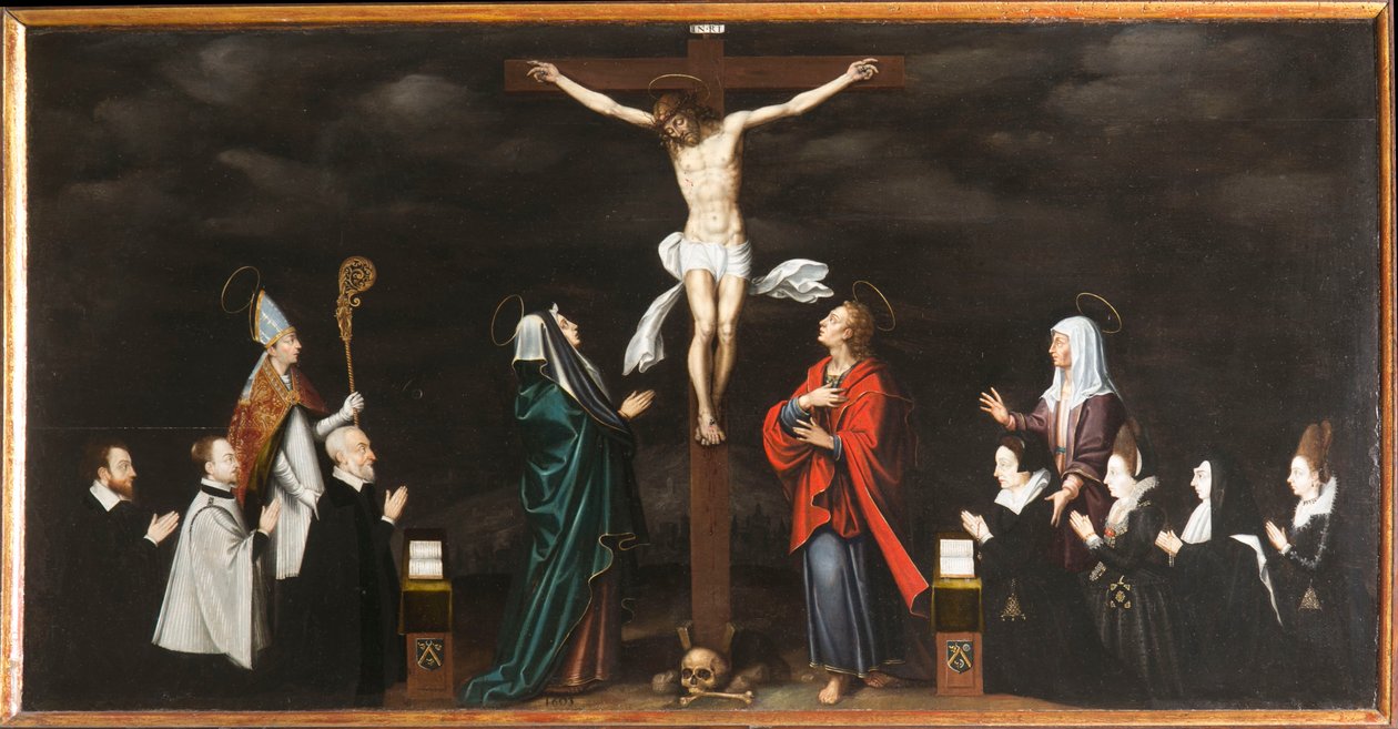 Korsfæstelsen, portrætter af donorer. Triptykon af Aubery af French School