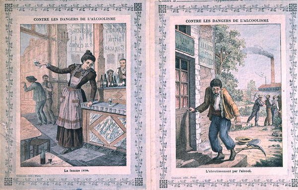 Farerne ved alkoholisme, omslag til en skolebog. ca. 1900 (farve litho) af French School