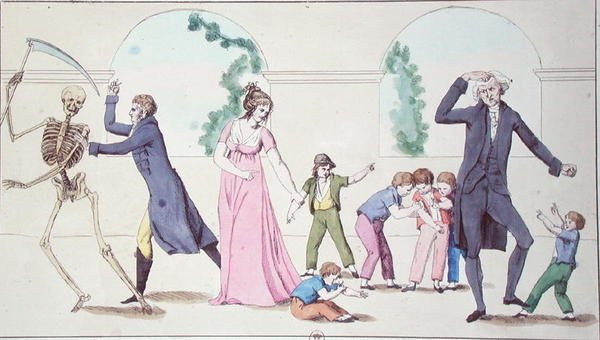 Vaccinens farer, ca. 1800-04 (farvet indgravering) af French School