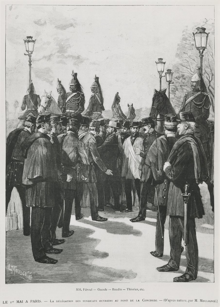 Fagforeningernes delegation i Pont de la Concorde under demonstrationen den 1. maj i Paris, 1. maj 1890, indgraveret af L. Moulignie, gengravering) af French School