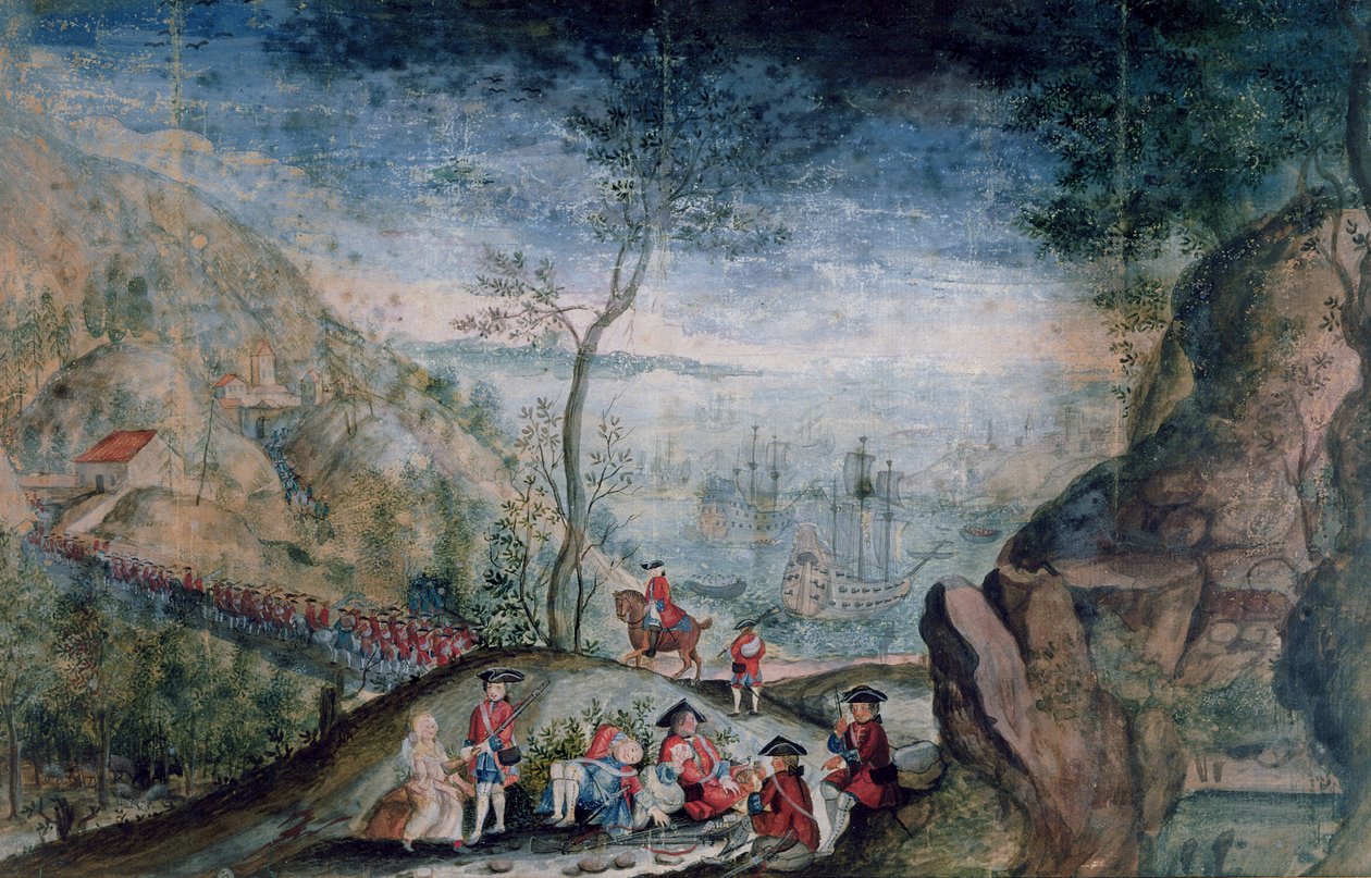 Landstigningen af 50 soldater fra Karrer schweiziske regiment i Louisbourg på øen Cap-Breton mellem 1722-33 (wc på papir) af French School