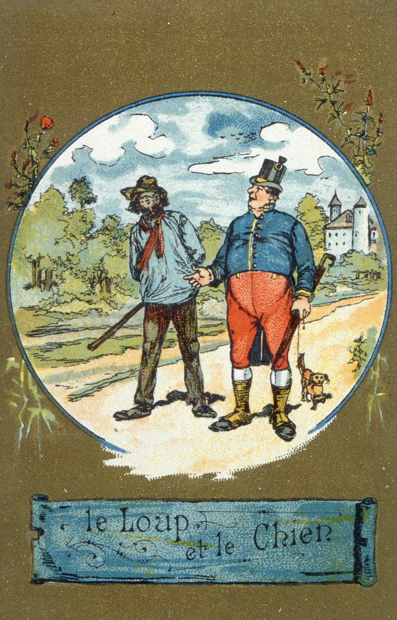 Hunden og ulven, fra fabler af Jean de La Fontaine (1621-95) af French School