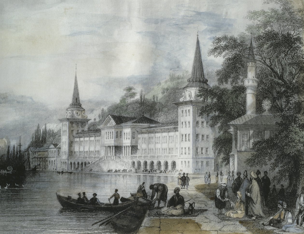 Dolmabahce-paladset ved Bosporus, 1840 (farvegravering) af French School