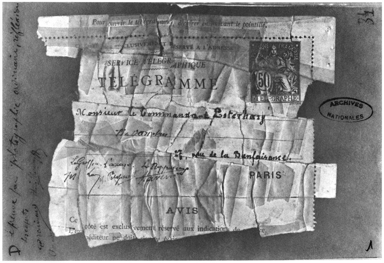 Dreyfus-affæren, 22. december 1894, telegram sendt til kommandant Esterhazy af French School