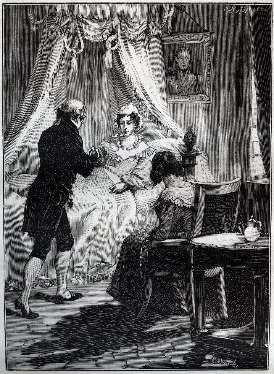 Hertuginden af Berry (Marie Caroline, prinsesse af de to Sicilier, hertuginde af Berry (1798-1870) på fæstningen Blay modtager doktor Louis Charles Deneux (1767-1846) - Gravering - af French School