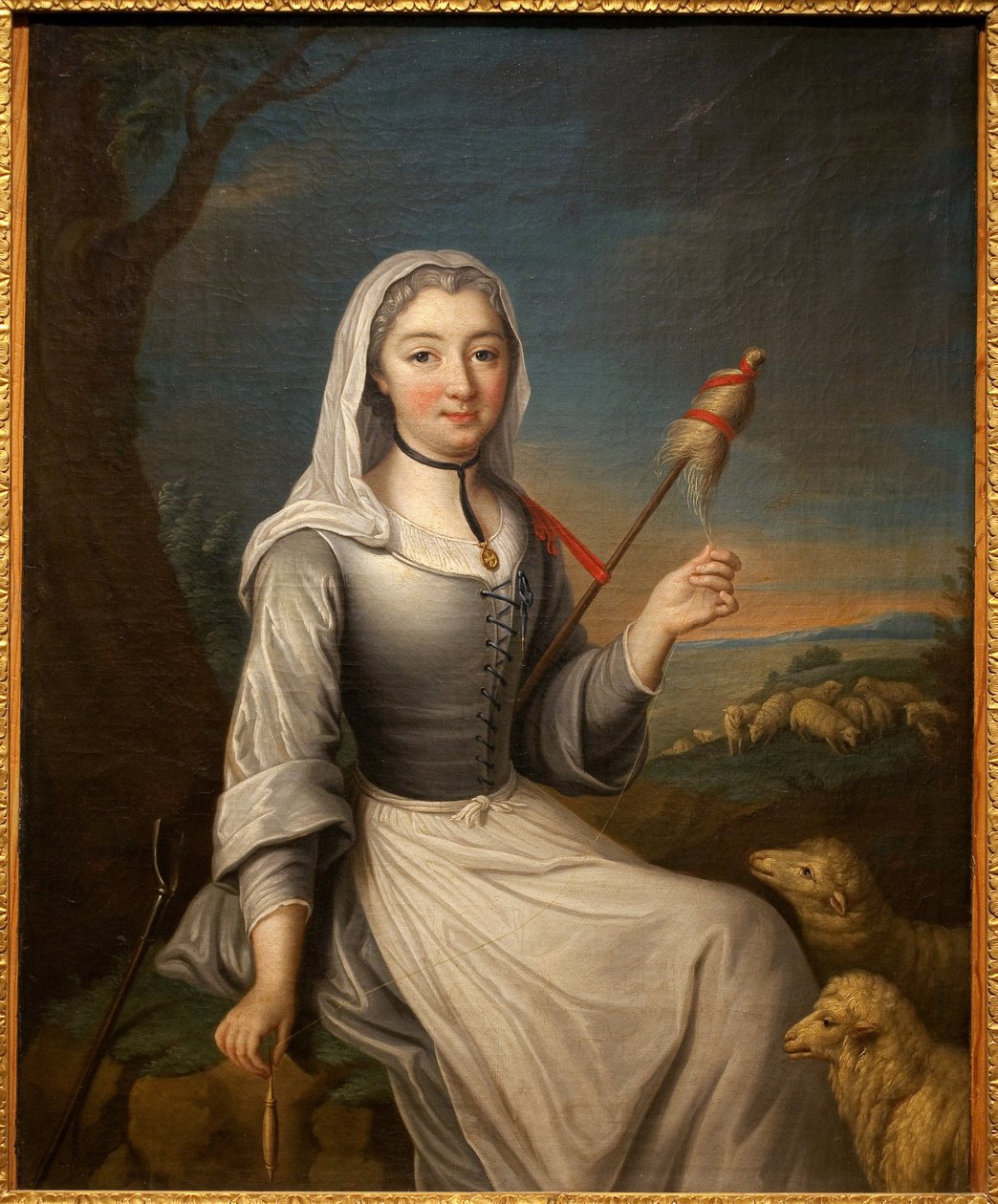 Hertuginden af Villars (?) i en bergere med en cattail. Fransk maleri, olie på lærred, 80 x 63,6 cm, første halvdel af 1700-tallet. Musee de Tesse, Le Mans. af French School
