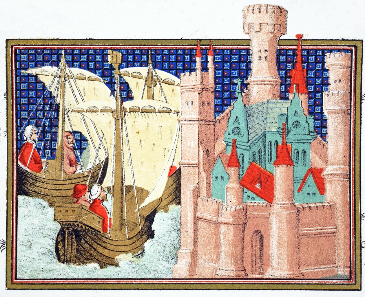 Hertugen af Salisbury ankommer til Conway Castle fra Irland, faksimilekopi fra Le Prince et Mort du Roy Richart af Jean Creton, trykt 1800-tallet af French School