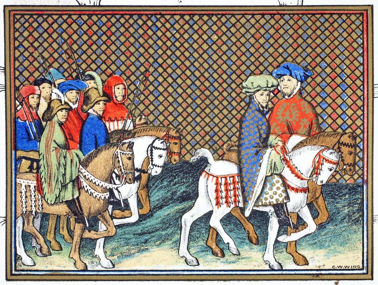 Hertugerne af Exeter og Surrey sendt af Richard II fra Conway castle til Chester for at behandle med hertugen af Lancaster, faksimilekopi fra Le Prinse et Mort du Roy Richart af Jean Creton, genoptrykt 19. af French School