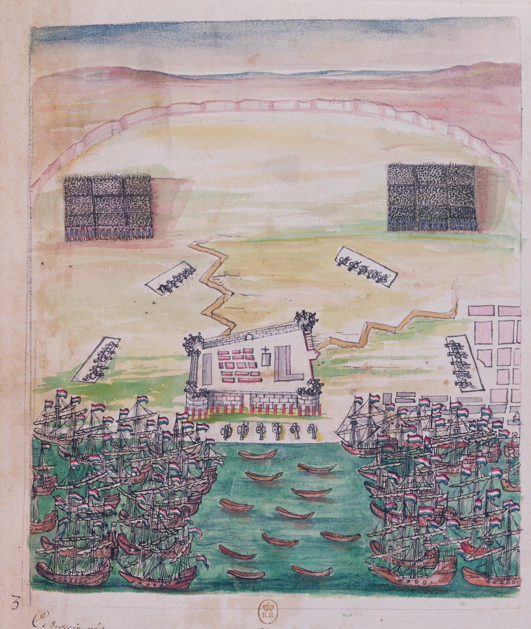 Den hollandske belejring af Pondicherry i august 1693, illustration fra en jesuitermissionærs rejsedagbog (pen & blæk og wc på papir) af French School