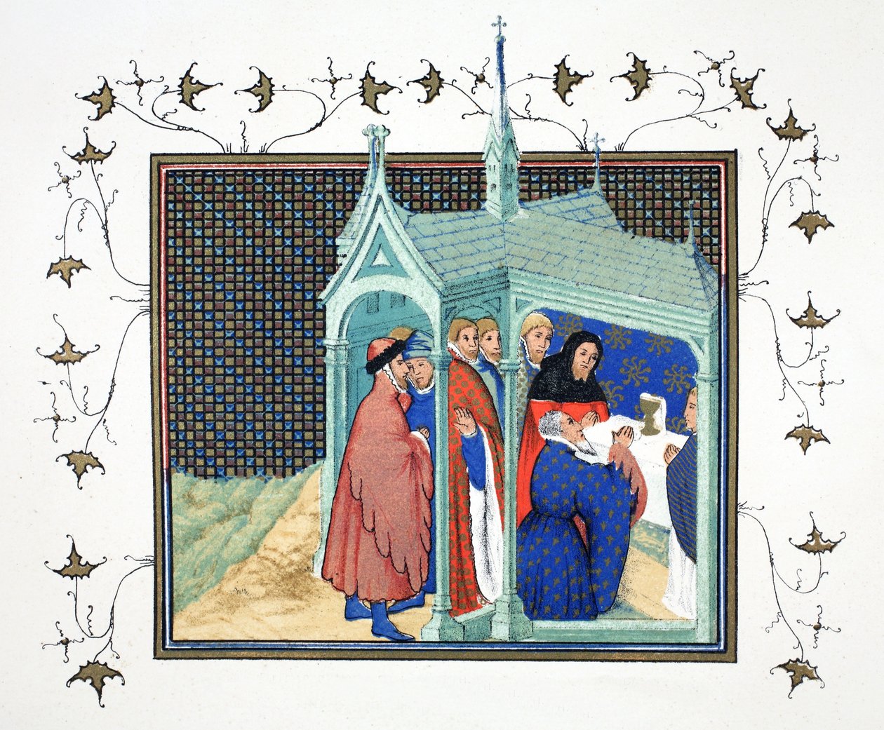 Jarlen af Northumberland ved højmesse i kapellet ved Conway Castle aflægger sin forræderiske og fatale ed, faksimilekopi fra Le Prinse et Mort du Roy Richart af Jean Creton, genoptrykt 1800-tallet af French School