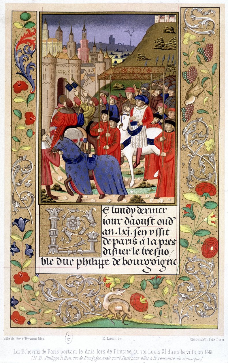Echevinerne fra Paris, der bar podiet, da kong Ludvig XI trådte ind i byen i 1461 (NB: Philippe den gode, hertug af Bourgogne, havde forladt Paris for at møde monarken). af French School