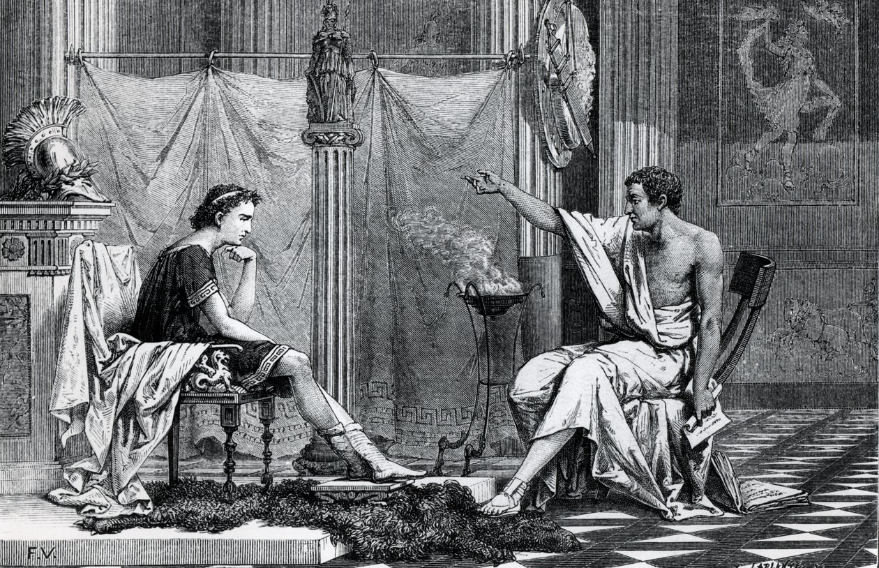 The Education of Alexander the Great (356-323 BC) af Aristoteles (384-322 BC) fra en bog af L. Figuier af French School