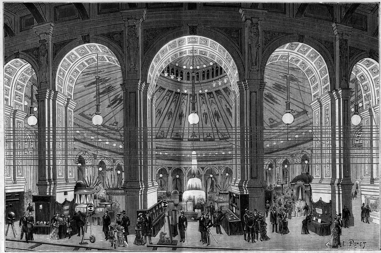 Electricite Exhibition i Wien (Østrig), en oversigt over den store rotunde oplyst af elektrisk lys. Indgravering i "" Nature. Gennemgang af videnskab og dens anvendelser til kunst og industri. 1884. af French School