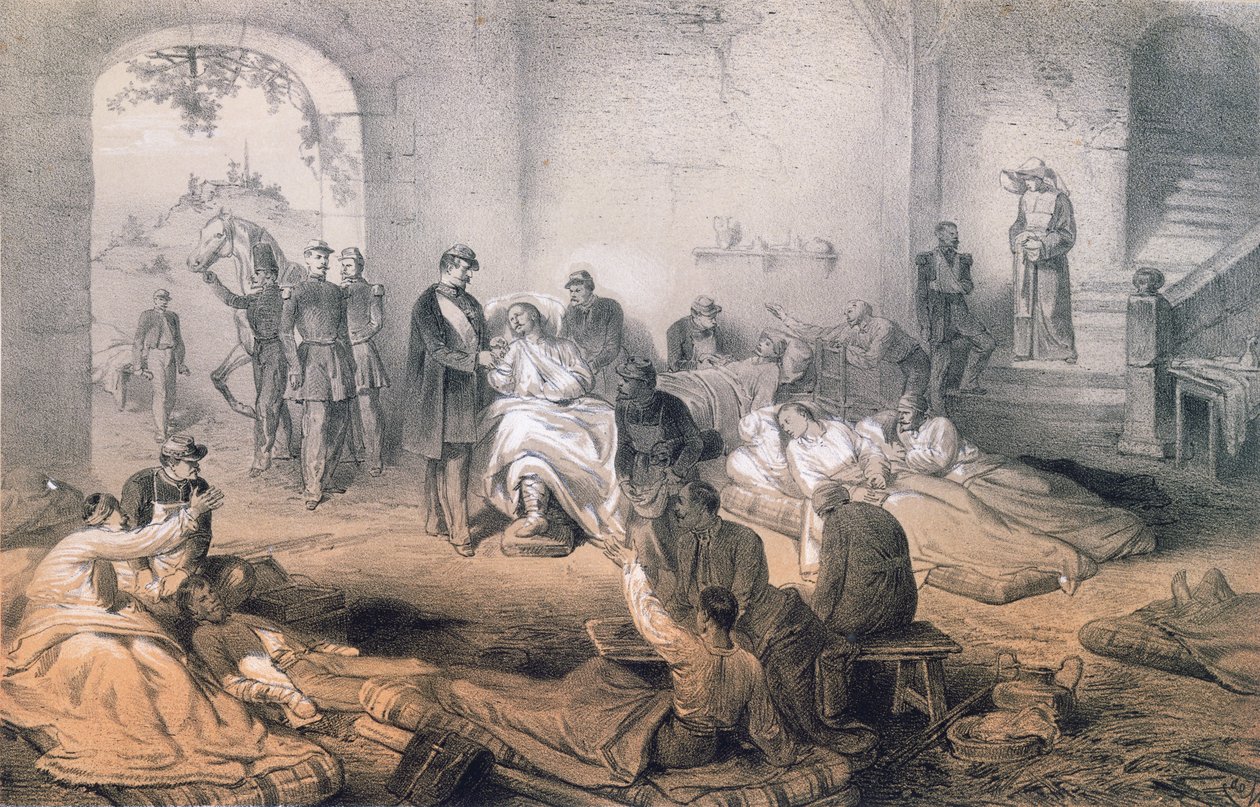 Kejser Napoleon III besøgte sårede soldater efter slaget ved Solferino, 24. juni 1859 af French School