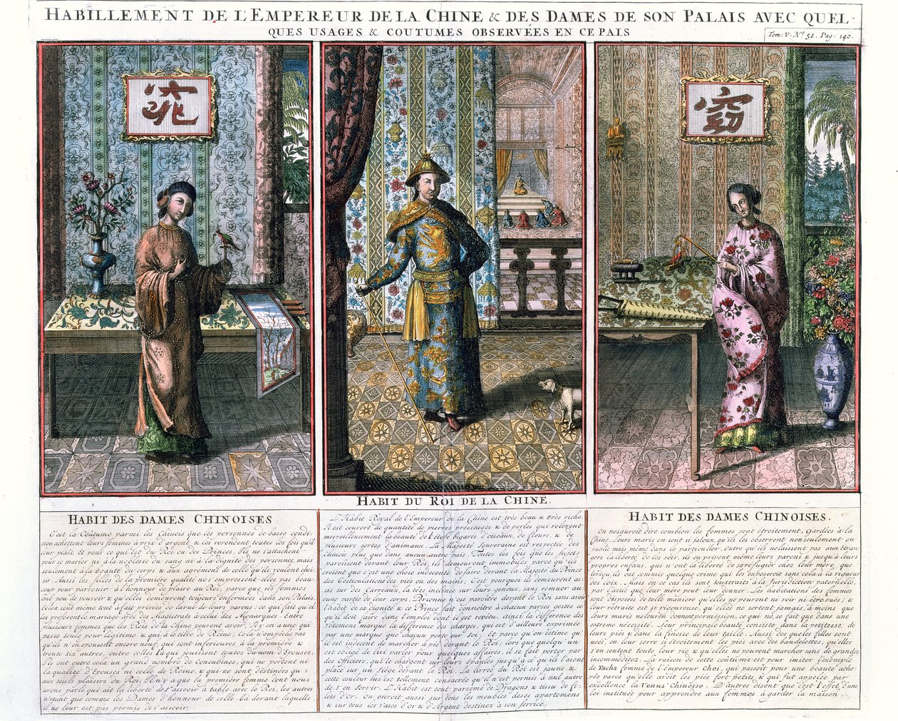 Kejseren af Kina og to adelskvinder, illustration fra et genoptryk af China Monumentis af Athanasius Kircher (1601-80) af French School