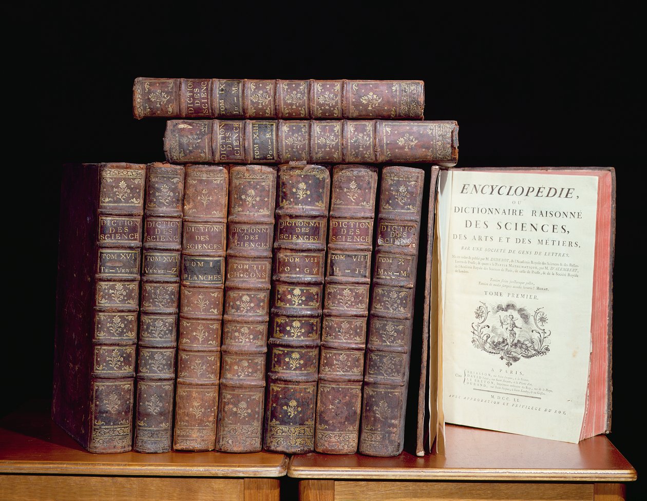 Encyclopedia of Denis Diderot (1713-84) og Jean le Rond dAlembert (1717-83), 1751-72 (læder, papir og blæk) af French School