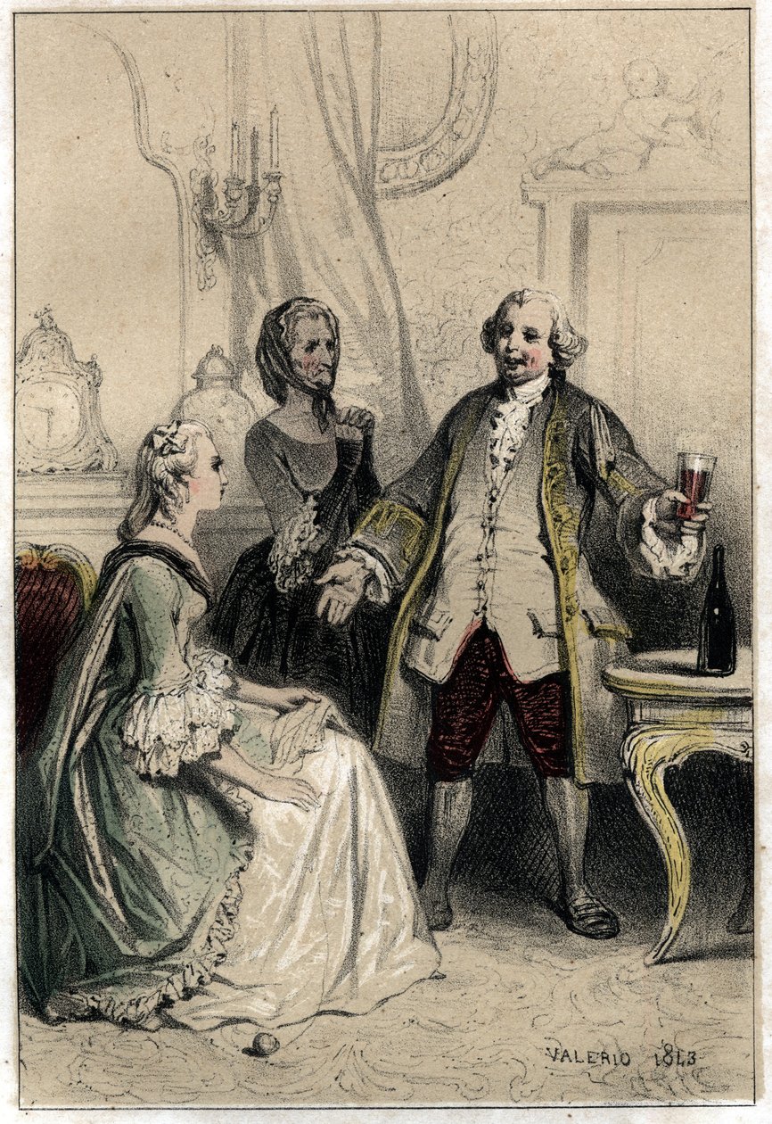 Den engelske komiker David Garrick (1717-1779), forklædt som træner, brød ind i en hertuginde, der var ivrig efter ham for at forsøge at ræsonnere hende og overbevise hende om det absurde i hendes kærlighed til ham. Plate taget fra "Scenes de la vie des ho af French School