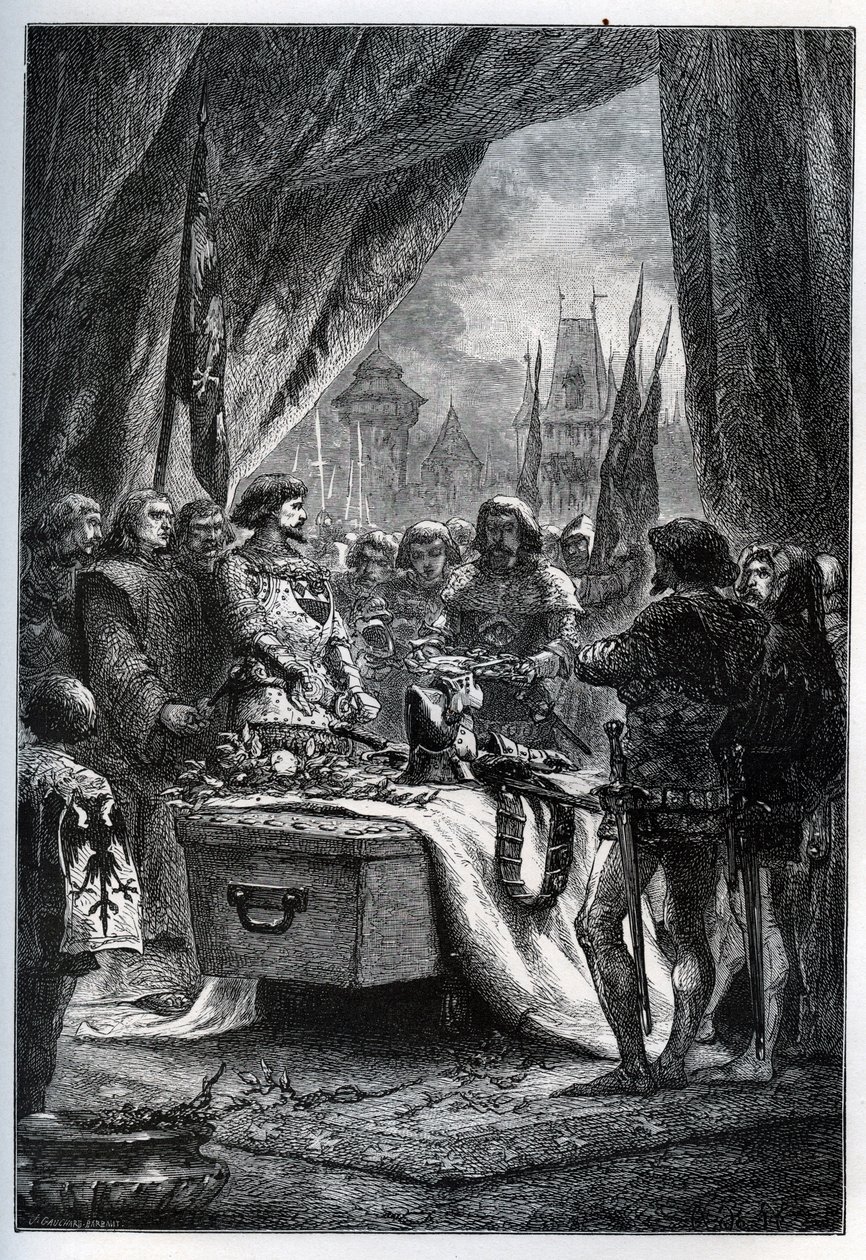 Den engelske guvernør i Chateauneuf de Randon (Chateauneuf-de-Randon, Auvergne) overgav sig og kom til at lægge nøglerne til pladsen på Bertrand du Guesclins (1320-1380) kiste, den 13. juli 1380, foran hvem byen lå. belejring. Le connetable die af French School