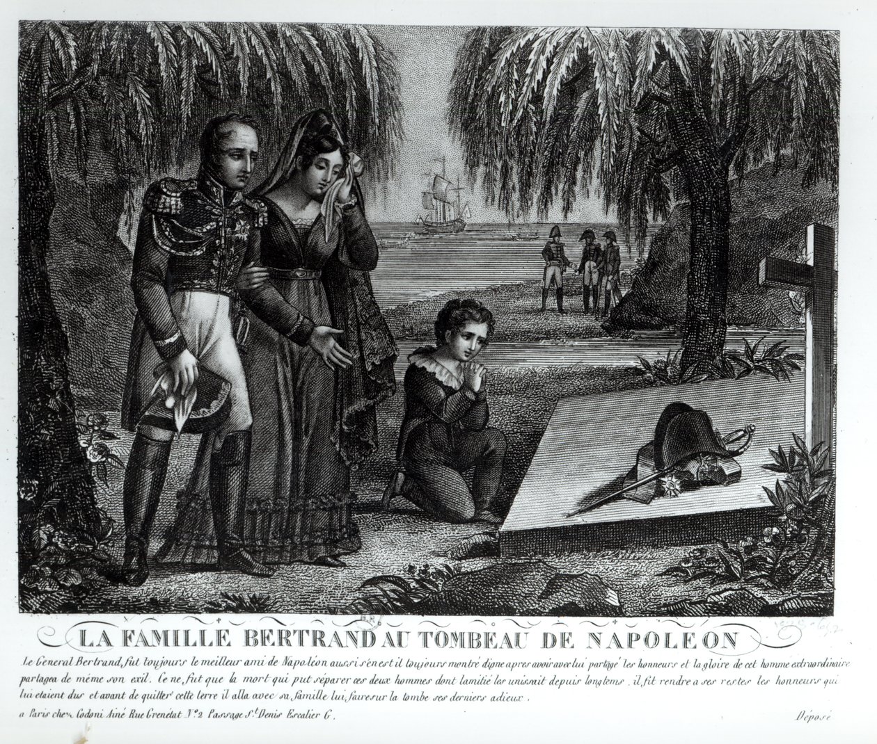 Familien til general Henri-Gratien Bertrand (1773-1844) ved Napoleon Bonapartes grav (1769-1821) 1821 (litho) (bw foto) af French School