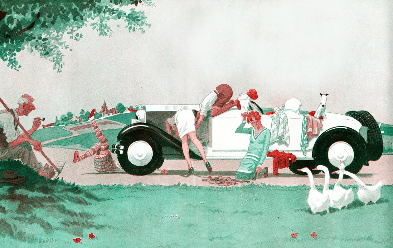 Det skæbnesvangre sammenbrud - Hvis landbruget mangler arme, mangler bilismen ikke ben - illustration fra la Vie Parisienne af French School