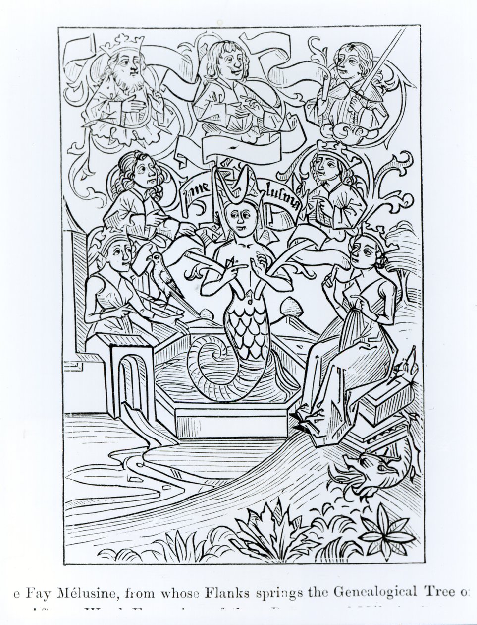 Fay Melusine, fra hvis flanker udspringer Kongernes og Kejsernes Genealogiske Træ, illustration fra Videnskab og Litteratur i middelalderen og renæssancen, skrevet og indgraveret af Paul Lace af French School