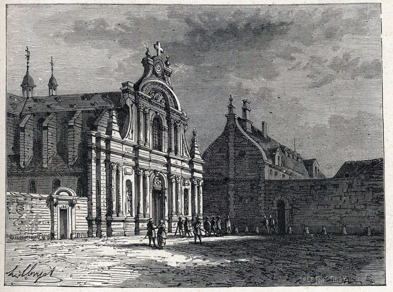 Feuillants-klostret, mødestedet for Feuillants Club, en royalistisk politisk organisation under den franske revolution. Stik fra 1889. Privat samling. af French School