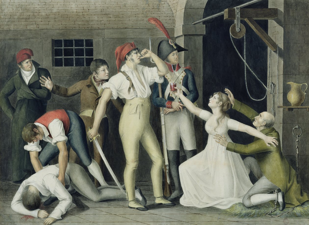 Madamemoiselle de Sombreuils sønlige og heroiske hengivenhed i september 1792, ca. 1800 (pen og blæk, wc og gouache på papir) af French School