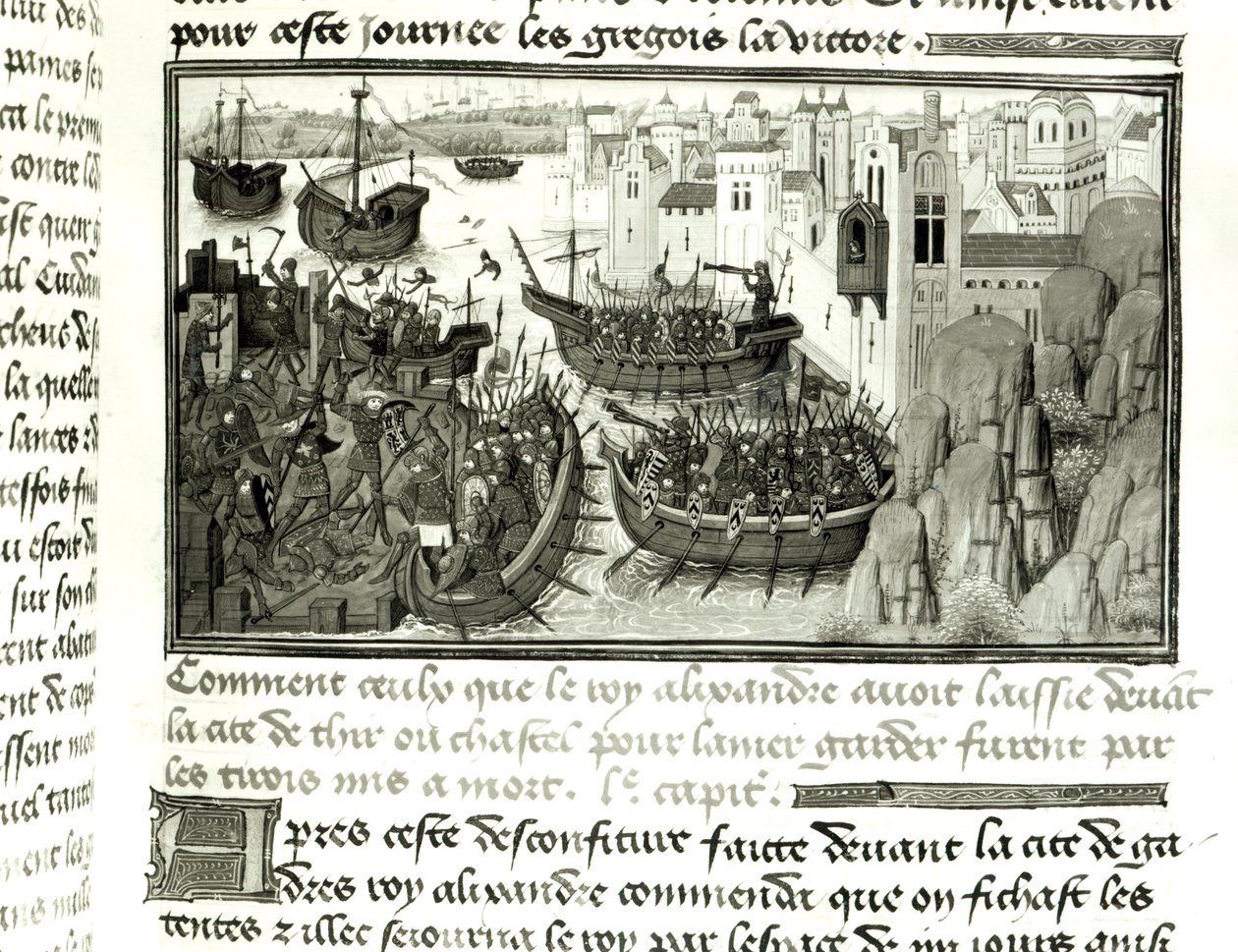 Det første angreb på dæk, fra Histoire du Grand Alexandre 1460 af French School