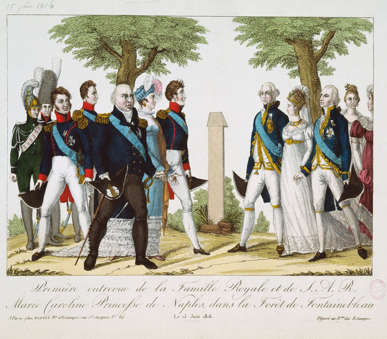 Det første møde mellem Louis XVIII (1755-1824) og Marie-Caroline-Ferdinande (1798-1870) af Bourbon, ved Croix de St. Herem i Fontainebleau-skoven, 15. juni 1816, 1816-30 (farvet engr. af French School