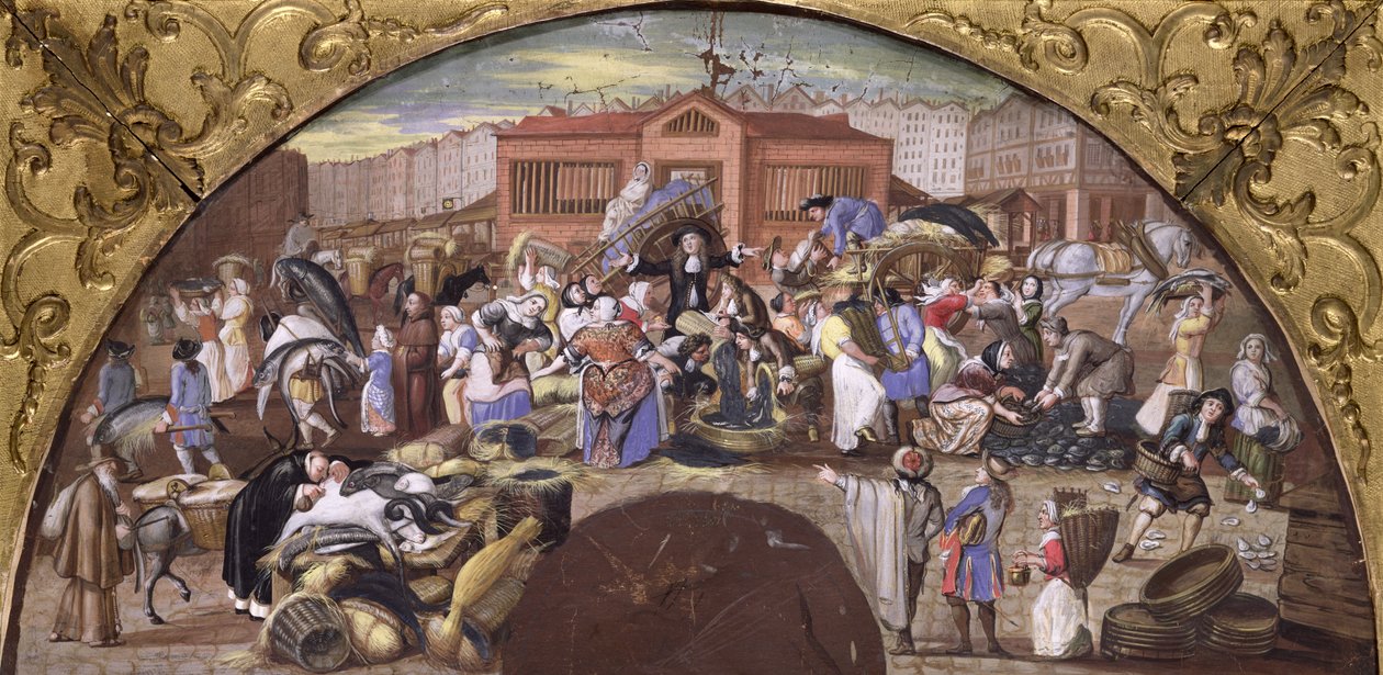 Fiskemarkedet i Les Halles, ca. 1660 af French School