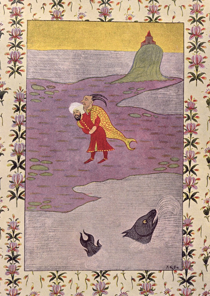 The Fourth Trip of Sinbad, illustration til Sinbad the Sailor, fra The Arabian Nights, 1895 (farvegravering) af French School