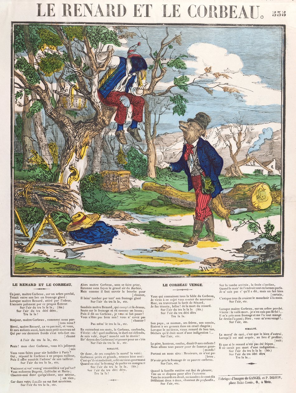 Ræven og Kragen, ca. 1840 (farvet gravering) af French School
