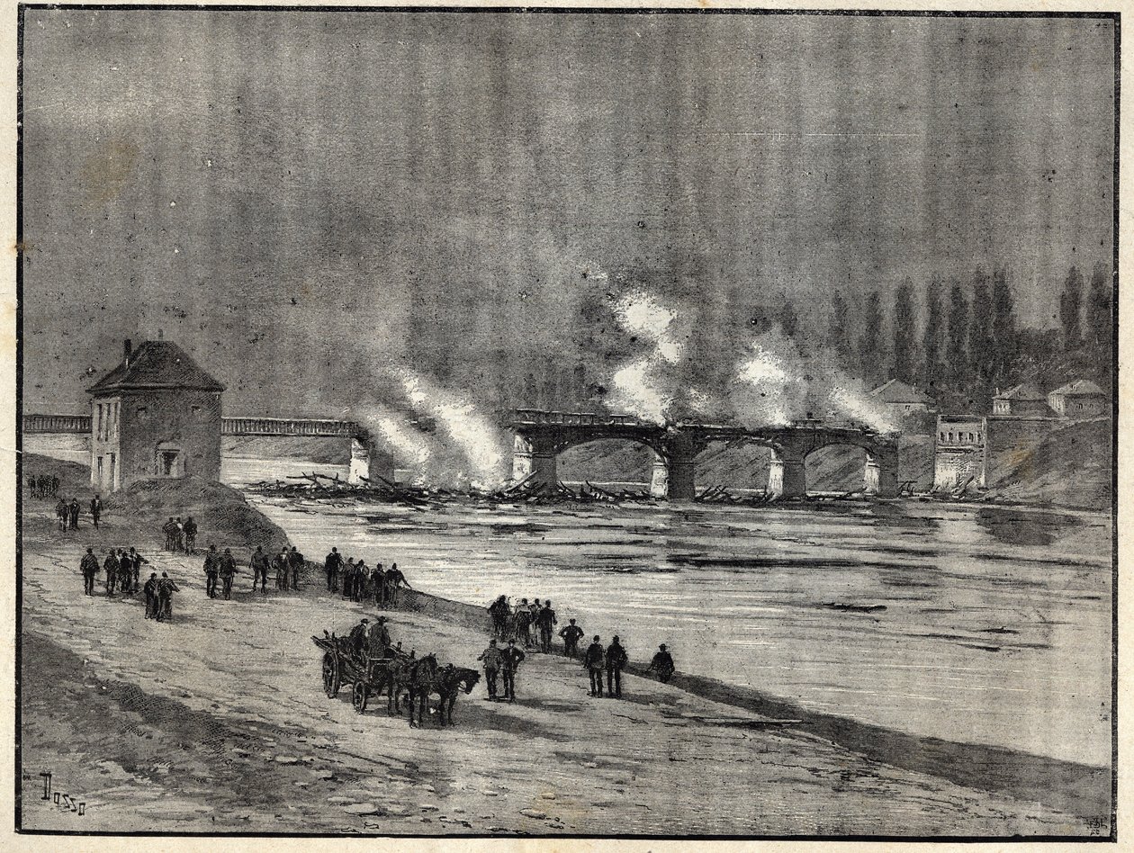 Den fransk-preussiske krig - Forsvaret af Paris - afbrænding af Asnieres-broen - Brand fra Asnieres-broen under belejringen (forsvaret) af Paris Indgravering i "" Les combatants de 1870-71"" af kommandør Leonce Rousset (1850- 1938) - Franco Preussian War - af French School