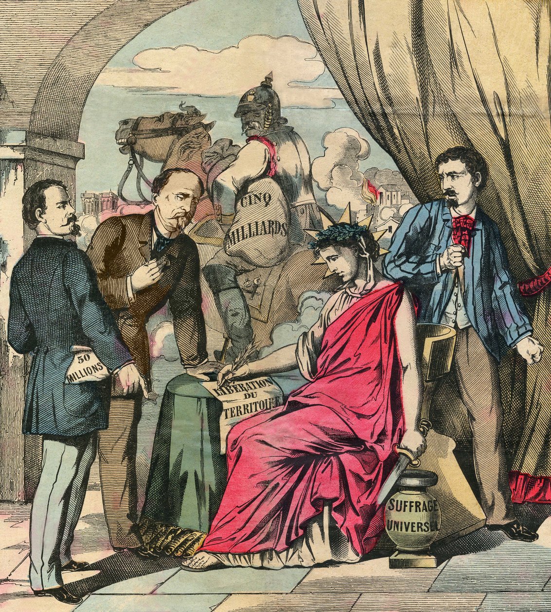 Frankfurt-traktaten, der blev underskrevet den 10. maj 1871, afsluttede den fransk-tyske krig efter forhandlinger mellem Adolphe Thiers og Otto von Bismarck: Frankrig måtte afstå Alsace og en del af Lorraine og betale 5 milliarder franc. Gravering, i "Le F af French School