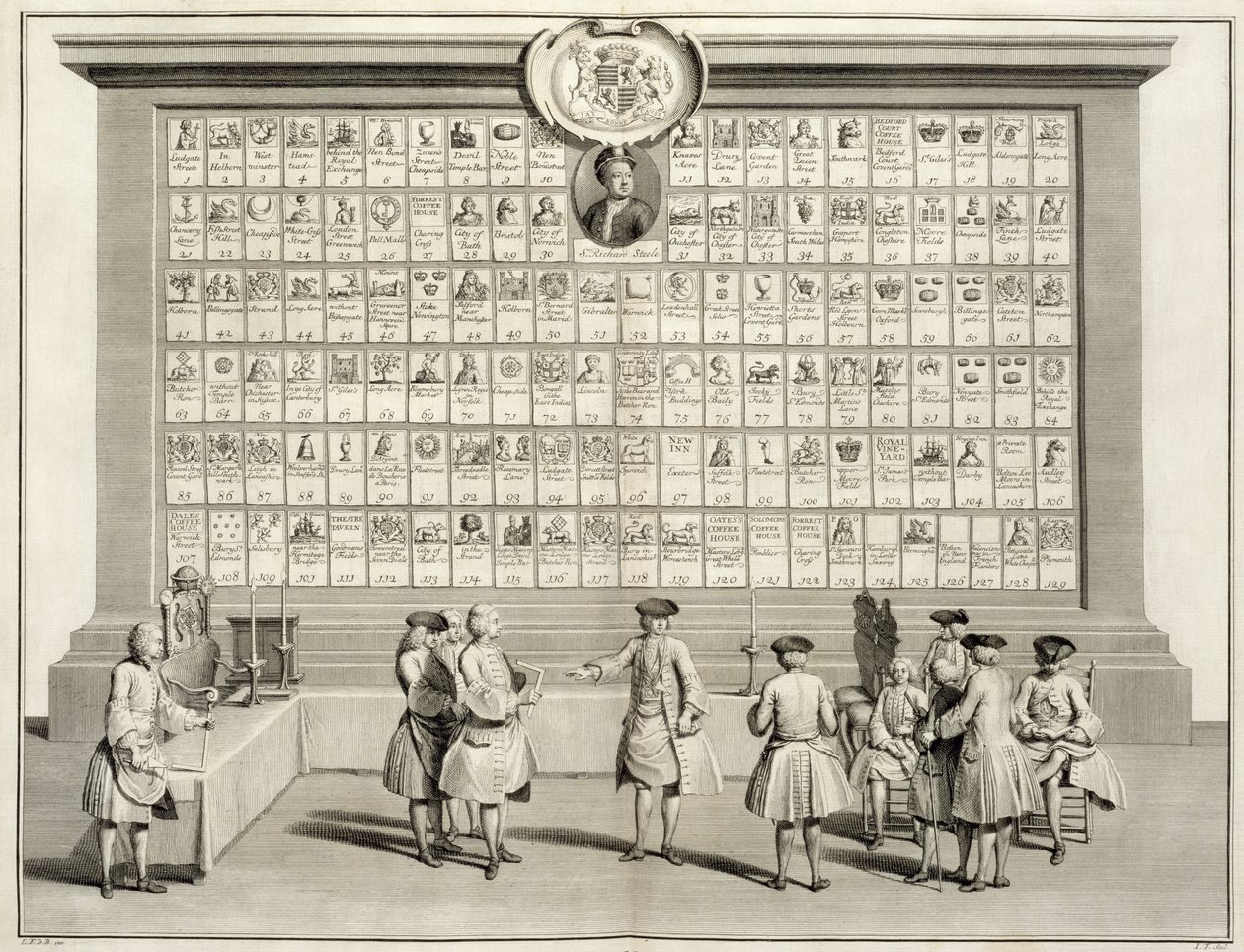 Frimurerne, med skilte til de forskellige loger, fra The Ceremonies of Religion and Custom, ca. 1733 af French School