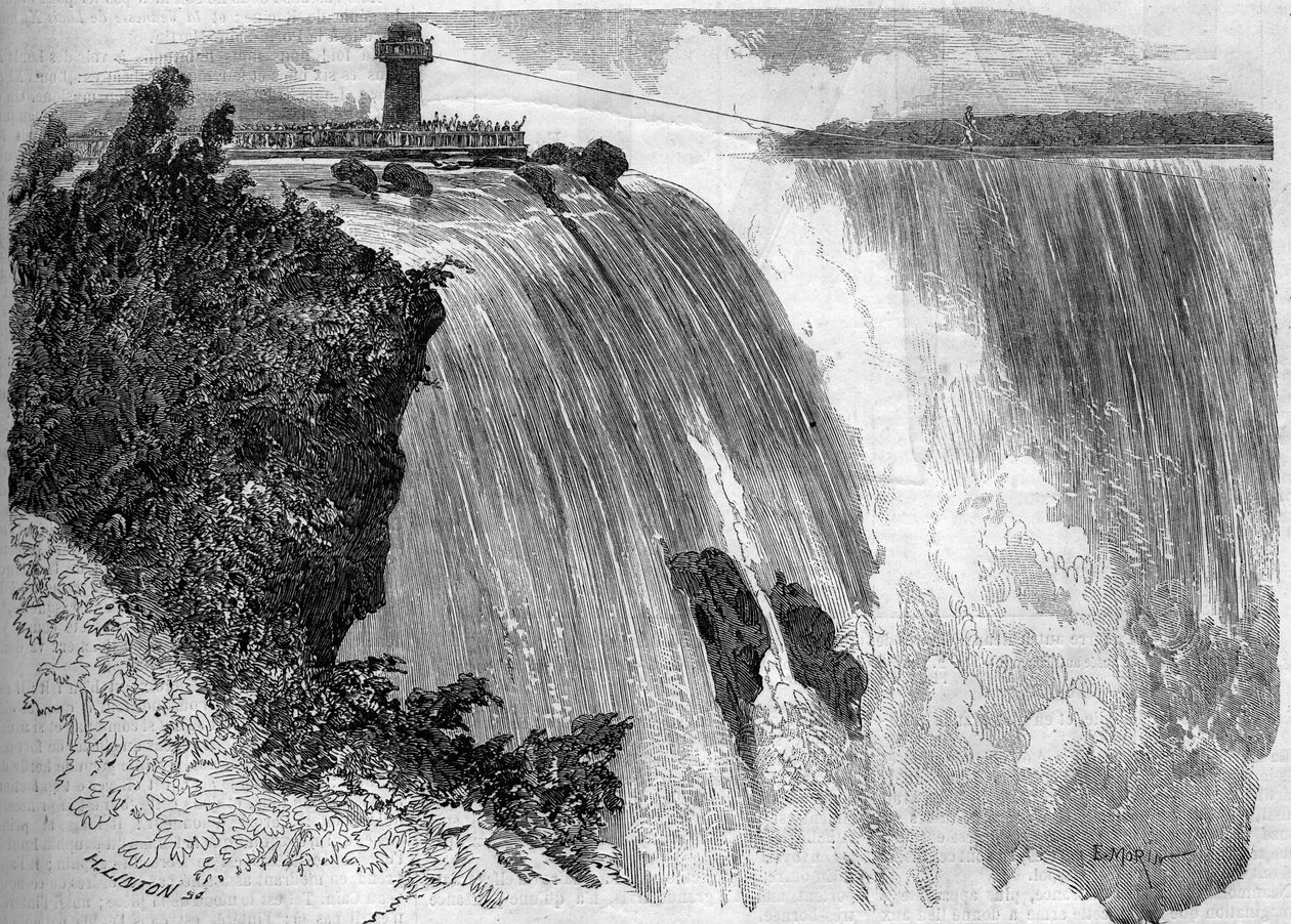 Den franske akrobat Blondin (Jean Francois Gravelet, dit) (1824-1897) krydser Niagara Falls. Fra en skitse af hr. Philibert. Indgravering i "" Le Monde Illustré"" nr. 127 af 17. september 1859. af French School