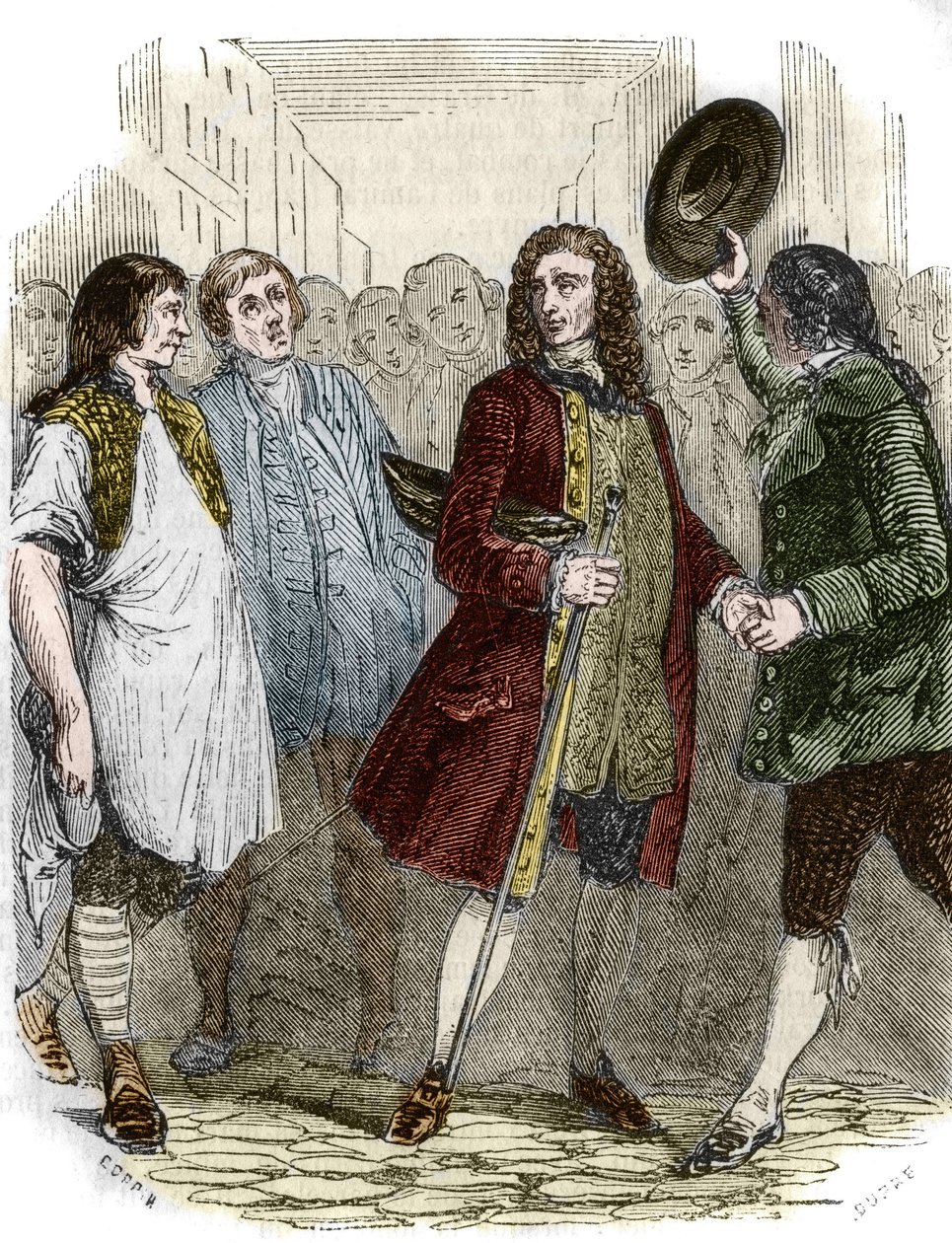 Den franske forfatter og filosof Francois-Marie Arouet dit Voltaire (1694-1778) vendte tilbage til Frankrig efter sit eksil. Indgravering af det 19. århundrede. af French School