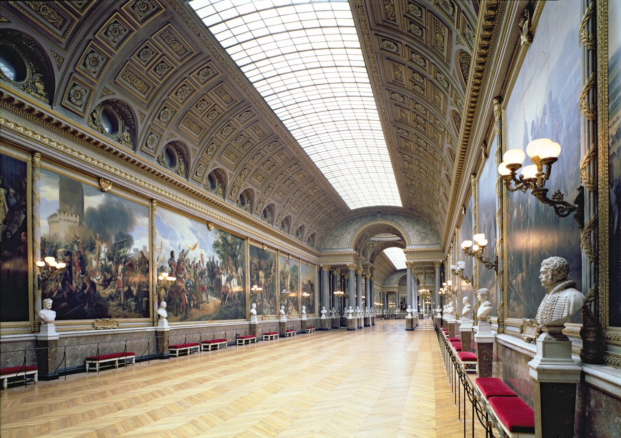 Galerie des Batailles (Slaggalleriet) dekoreret med 33 malerier, der illustrerer de største franske militærsejre, fuldført i 1837 af French School