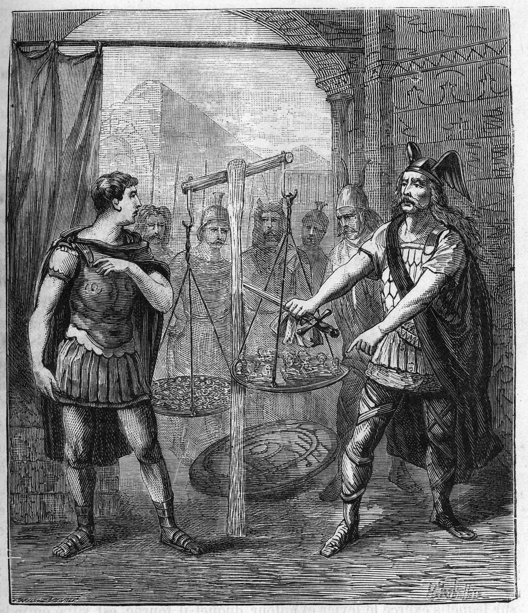 Den galliske hærleder Brennos (Brennus) besejrer romerne og proklamerer "" Vae Victis"" (Ve de besejrede), gallerne krævede løsesum efter deres erobring af Rom - Brennus leder af den galliske stamme af Senons udtaler den skæbnesvangre Vae offer af French School